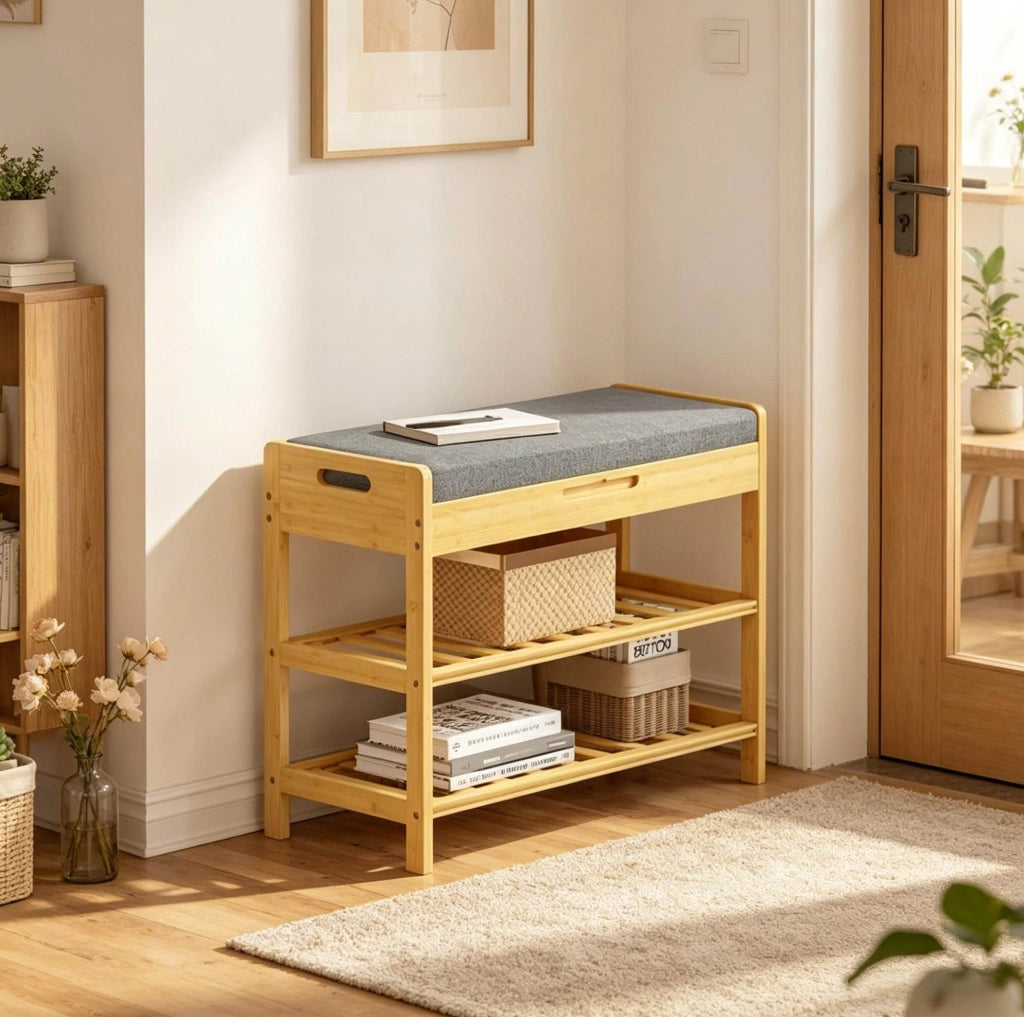 Panca Porta Scarpe Angolare in Bambù con Seduta Morbida e Vano Nascosto, 68x50x30 cm, Capacità 150 kg