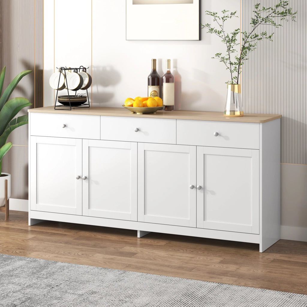 Credenza Bianca e Legno Mobile Buffet 160 cm con 4 Ante e 3 Cassetti in MDF Stile Rustico per Soggiorno e Sala da Pranzo