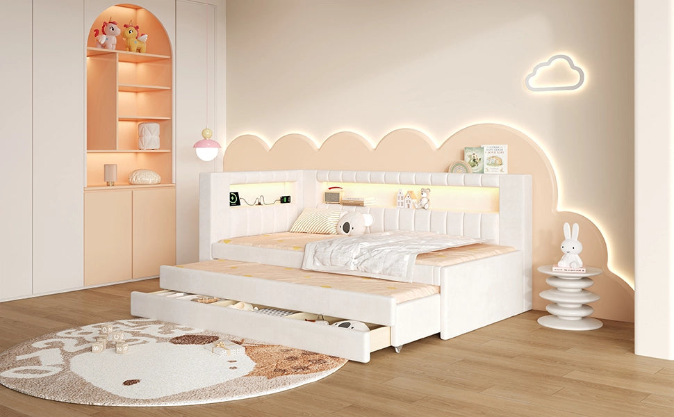 Letto singolo imbottito 90 × 200 cm con letto estraibile tre cassetti LED USB in MDF compensato bianco