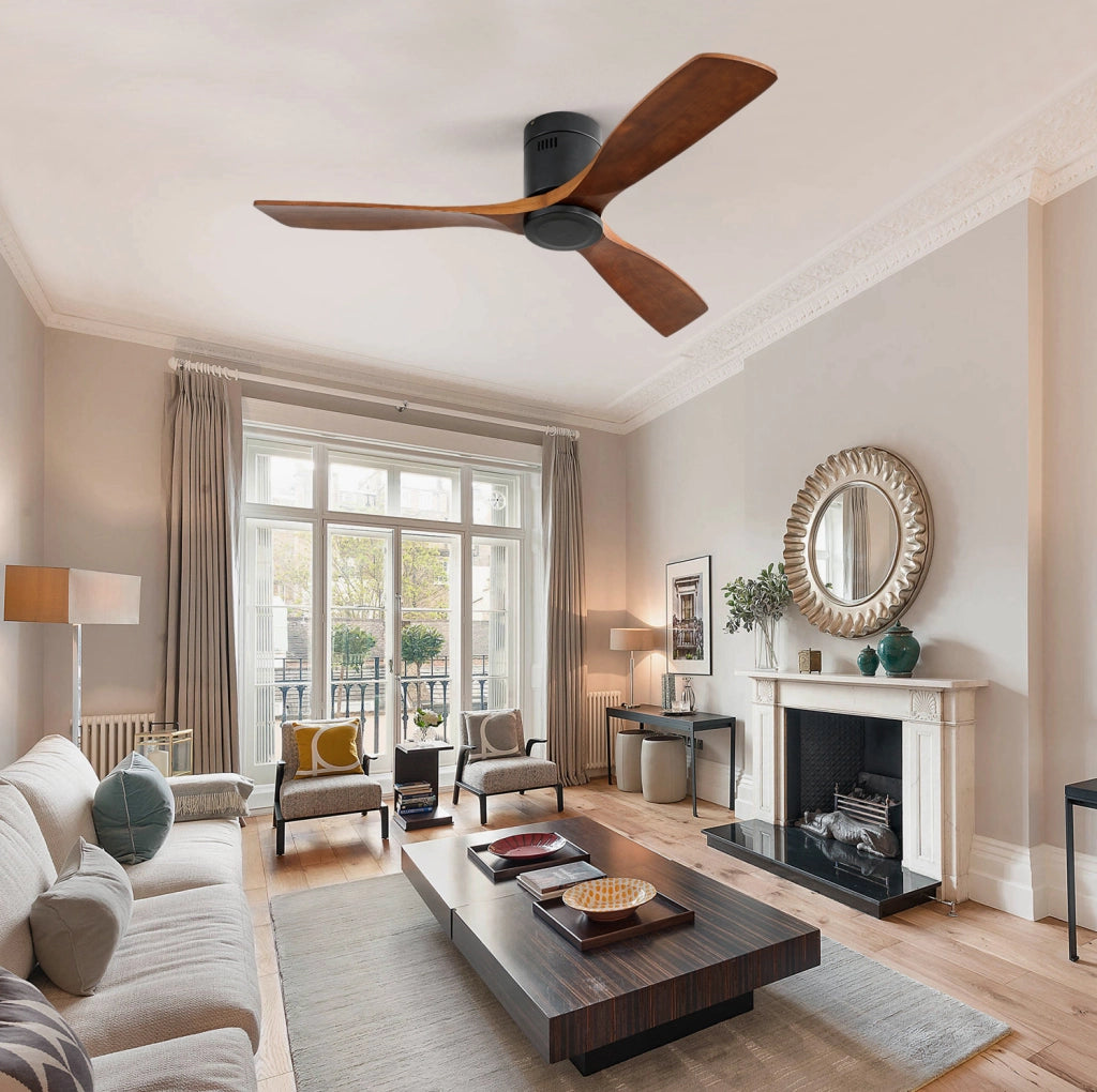 Ventilatore a soffitto basso profilo 132 cm con pale in legno massello, motore DC reversibile silenzioso e telecomando, senza luce