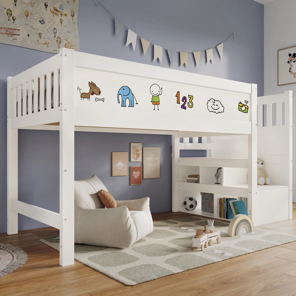 Letto rialzato per bambini bianco con lavagna 90 x 200 cm