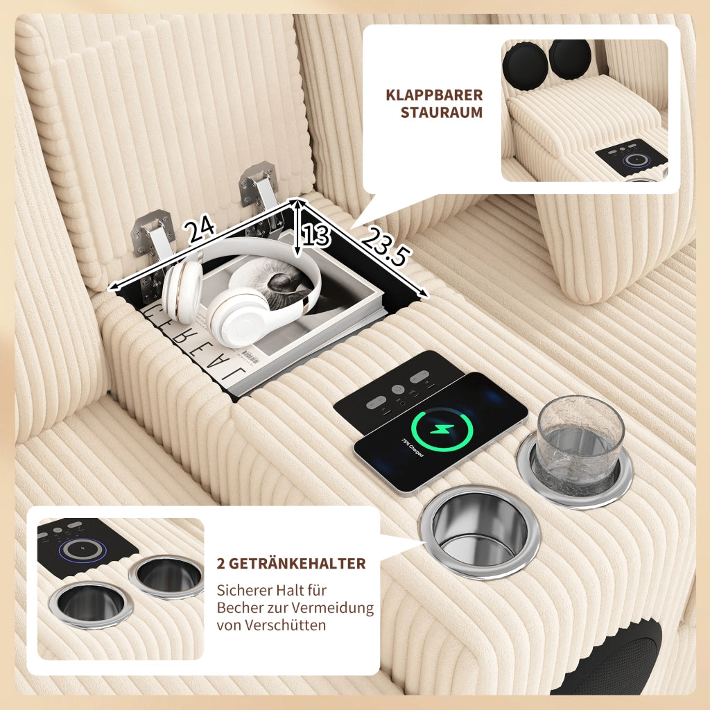 Divano modulare a U e L da 4 a 6 posti in velluto a coste beige con console Bluetooth ricarica e portabevande