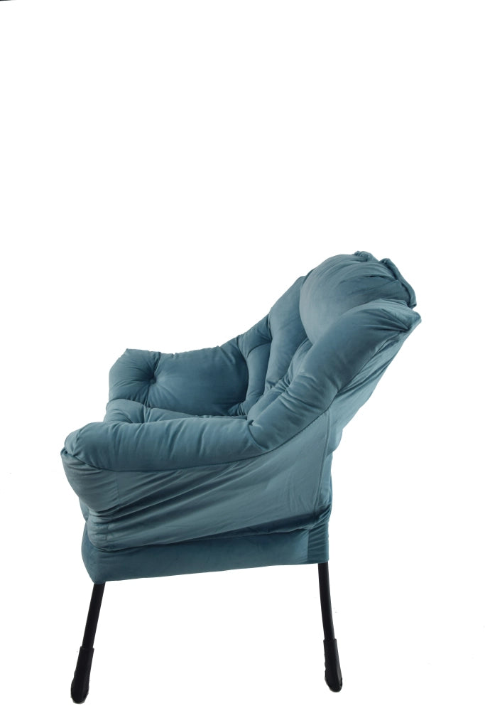 Sedia relax con poggiapiedi e tasca laterale, poltrona lounge imbottita blu, struttura in metallo