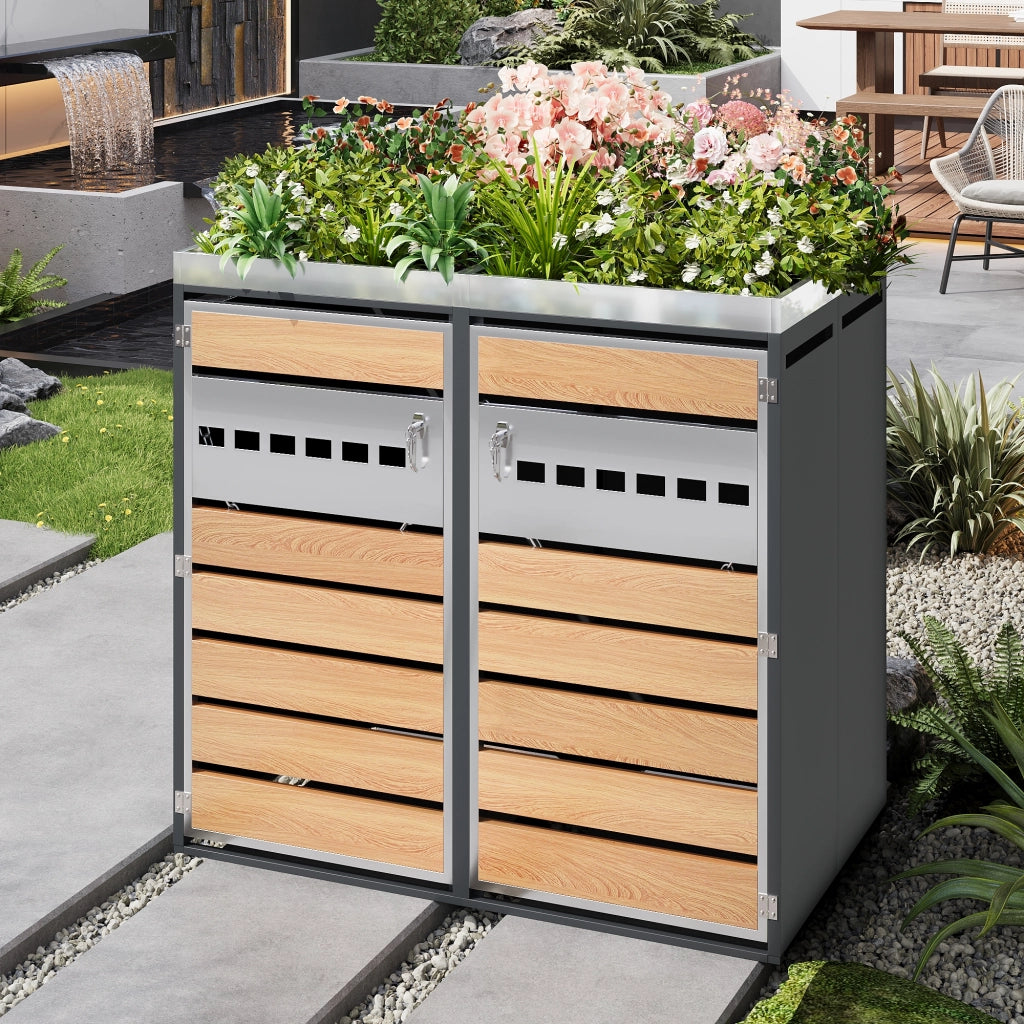 Armadio portarifiuti da giardino a 2 scomparti in acciaio zincato grigio effetto legno con fioriera e serratura