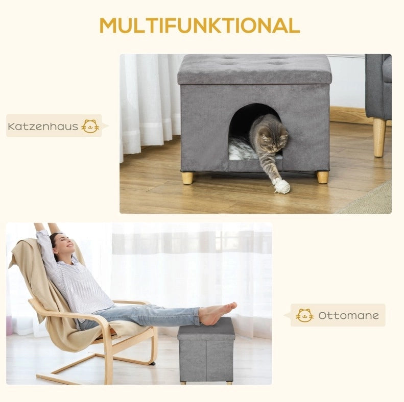 Pouf cuccia per gatti 2 in 1 grigio in MDF 60x45x44,5 cm