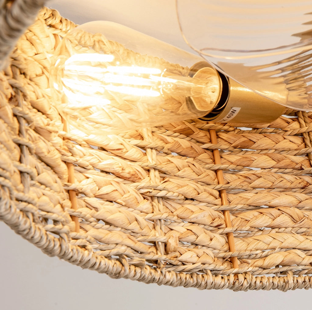 Ventilatore da soffitto 19 pollici in rattan naturale con luce, controllo doppio tramite app e telecomando, 6 velocità reversibili, pale in ABS silenziose