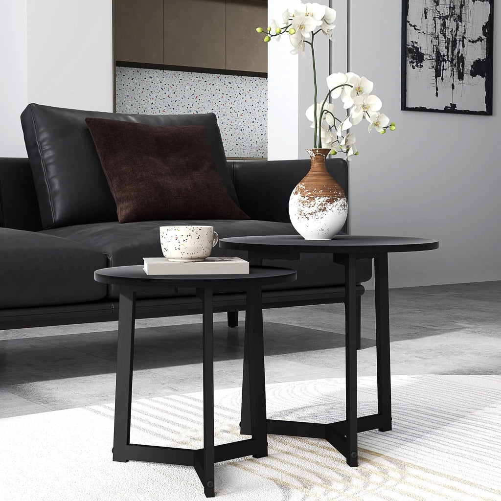 Set 2 Tavolini da Caffè Rotondi, Design Moderno, Struttura in Acciaio, Nero, Portata fino a 35 kg, per Soggiorno