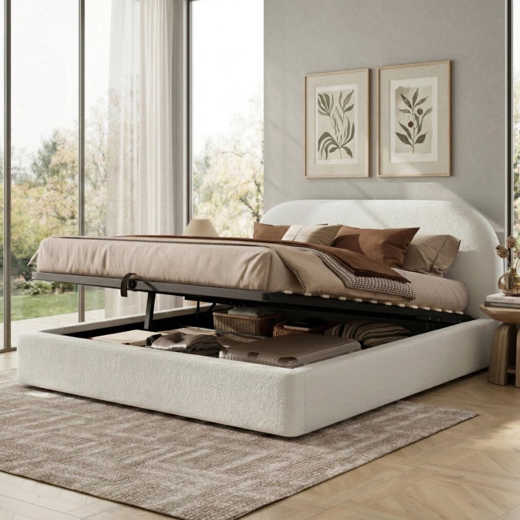 Letto imbottito con contenitore; in bouclé beige
