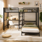 Letto a soppalco 90 × 200 cm con scrivania in metallo e MDF nero scale contenitore prese USB Type C EN747
