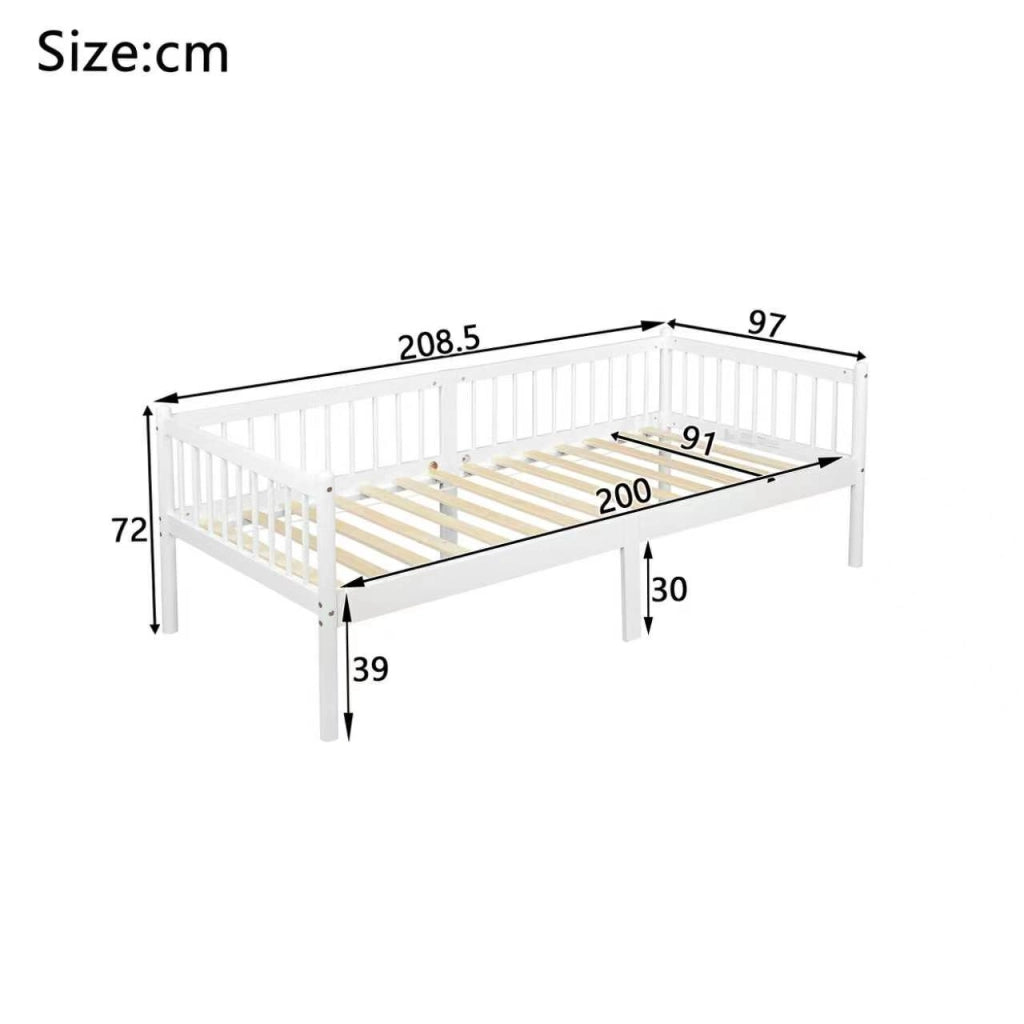 Letto da giorno 90 × 200 cm con sponde su tre lati e 14 doghe in legno di pino bianco con spazio sottostante