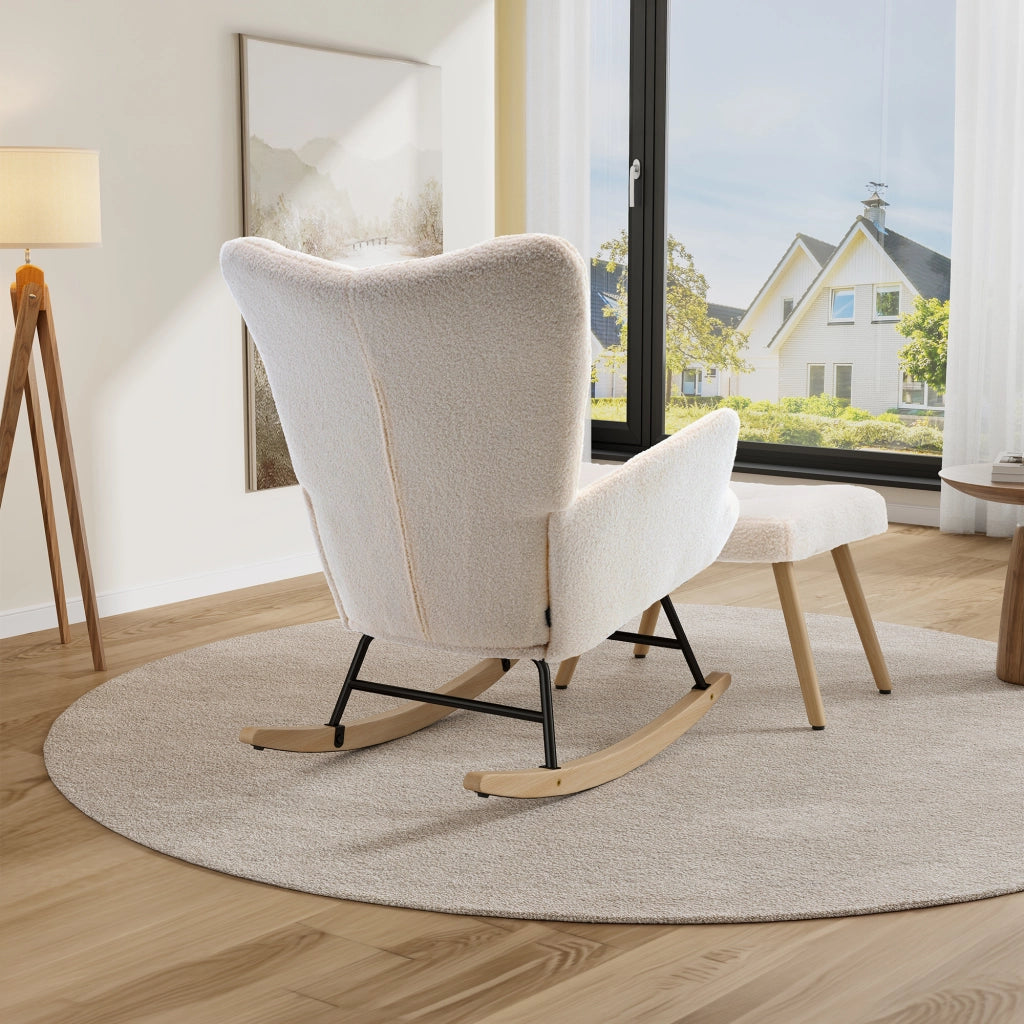 Sedia a dondolo 91x61x88 cm con poggiapiedi in lana d'agnello beige