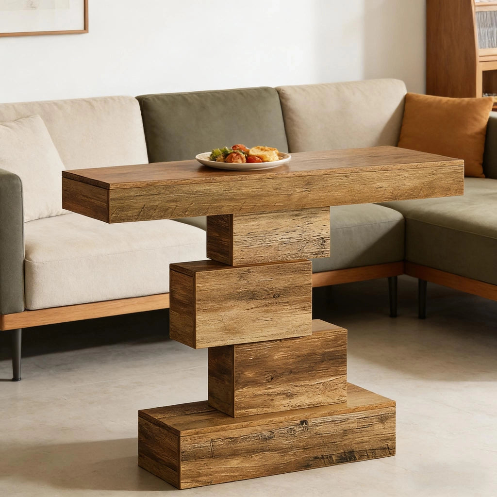 Consolle con base geometrica a gradini per ingresso, in pannelli truciolari E1 marrone chiaro, 108 × 30 × 80 cm