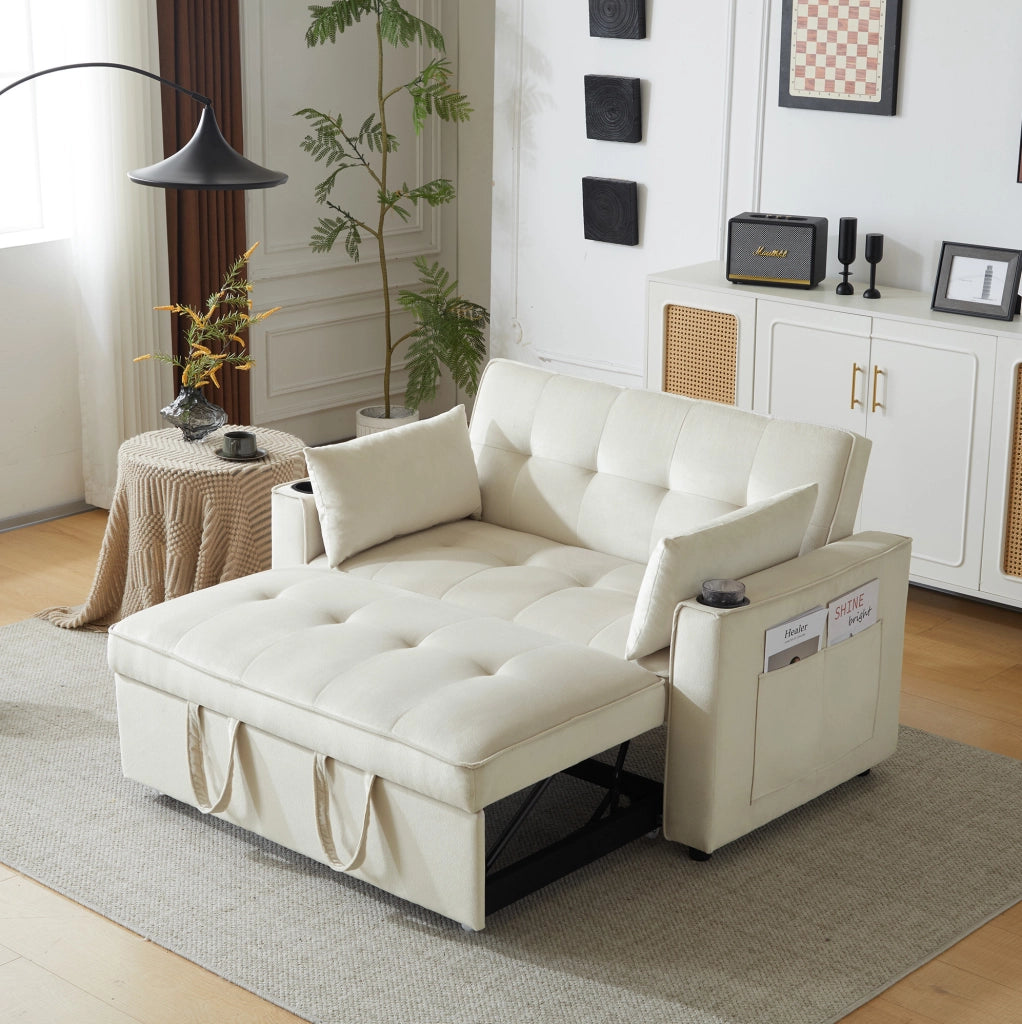 Divano letto ULEVR 137 cm in velluto beige, schienale regolabile a 3 posizioni con portabevande e tasche laterali