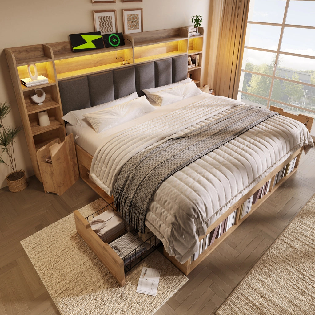 Letto matrimoniale 180x200 cm con LED; porte USB e cassetti effetto rovere HOMVRA