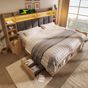 Letto matrimoniale 180x200 cm con LED; porte USB e cassetti effetto rovere HOMVRA