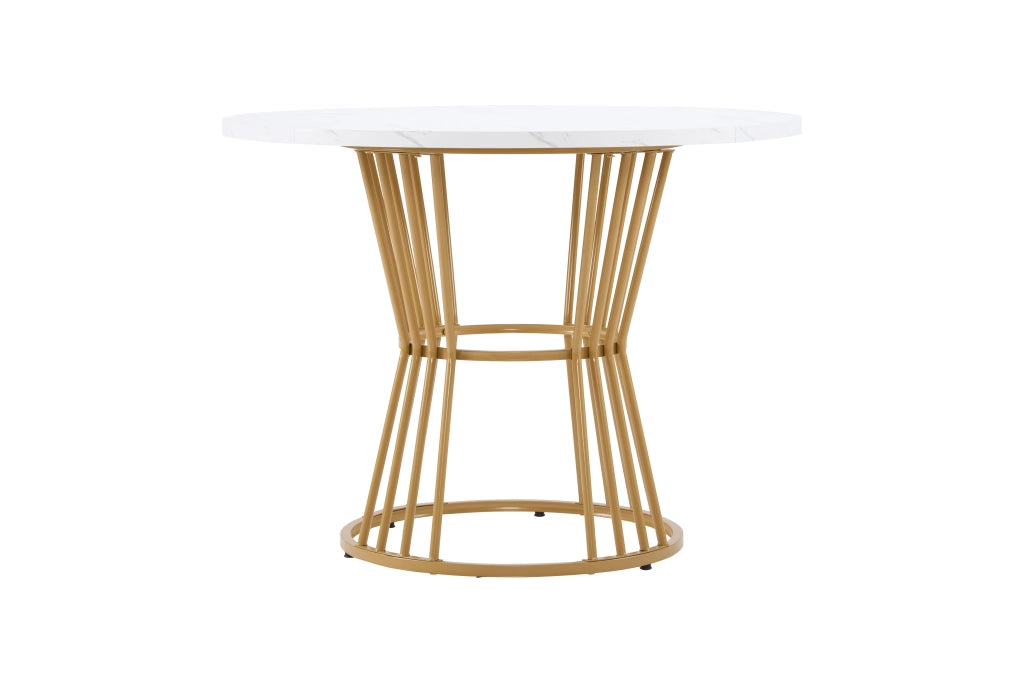 Set tavolo da pranzo rotondo 100 cm, piano MDF bianco e gambe metallo oro, con 4 sedie in velluto nero, 5 pezzi