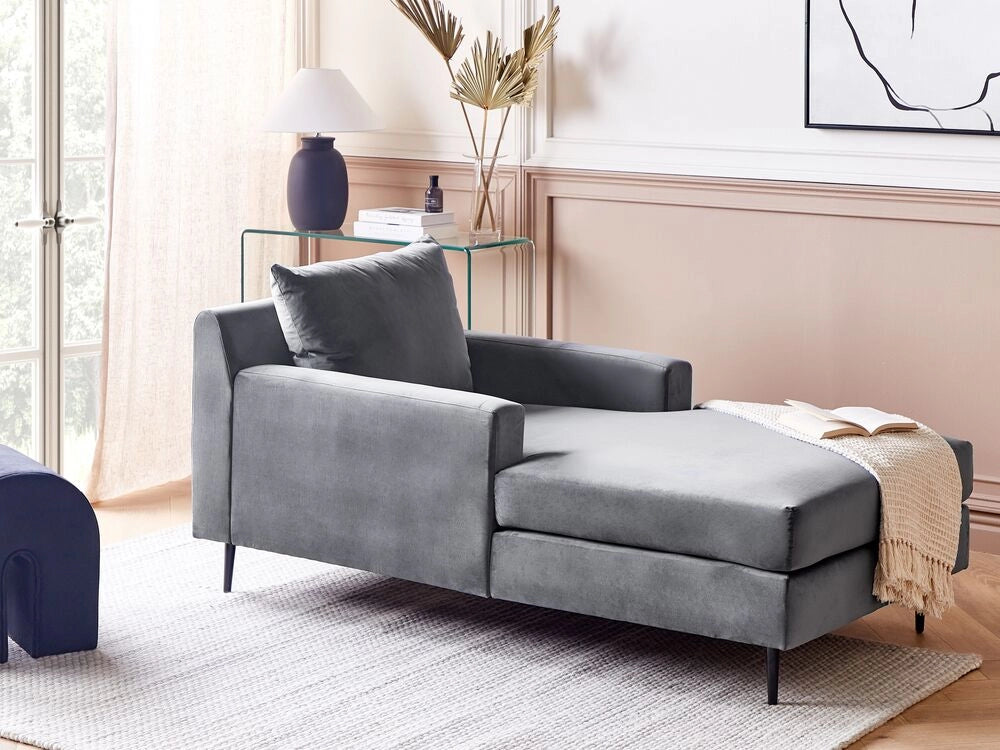 Chaise longue Velluto grigio Rivestimento Braccioli Cuscino Schienale Design Moderno Simmetrico