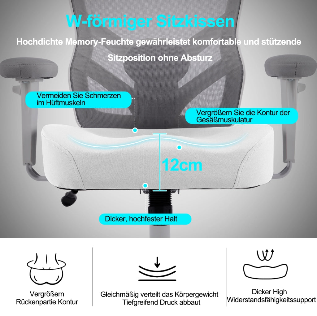 Sedia da ufficio ergonomica in tessuto e rete; grigia; con supporto lombare regolabile