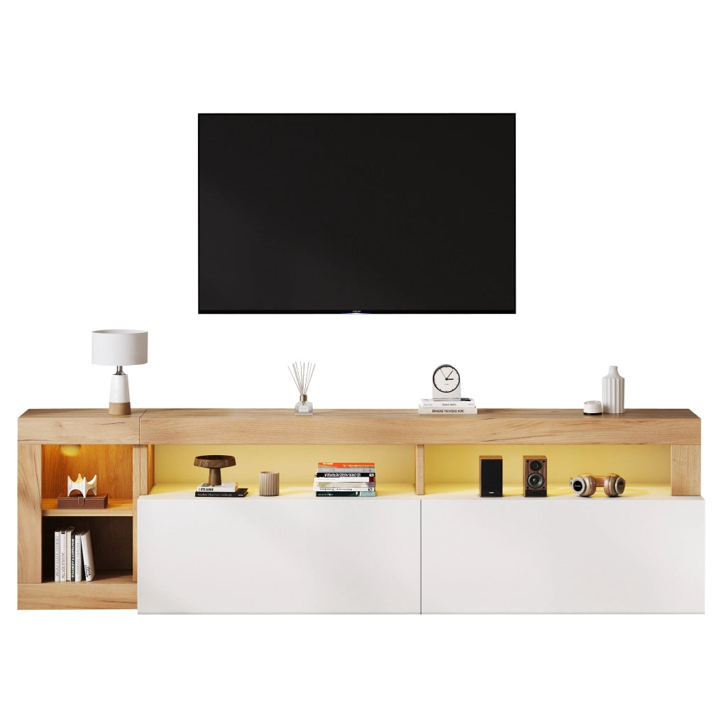 Mobile TV moderno 184x42x58 cm con LED; finitura bianco e legno; in truciolare