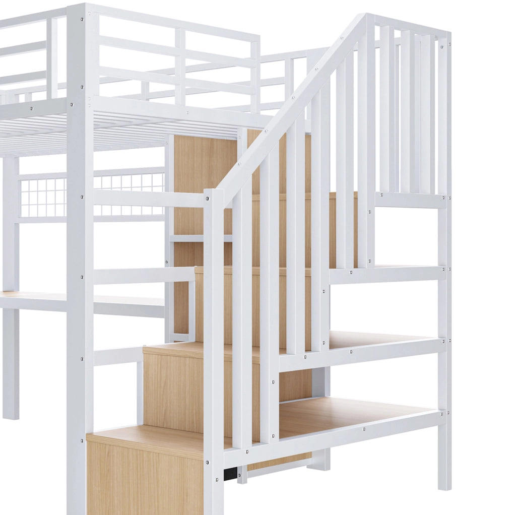 Letto a soppalco 90x200 cm in metallo e MDF; con LED; scrivania e contenitori; bianco