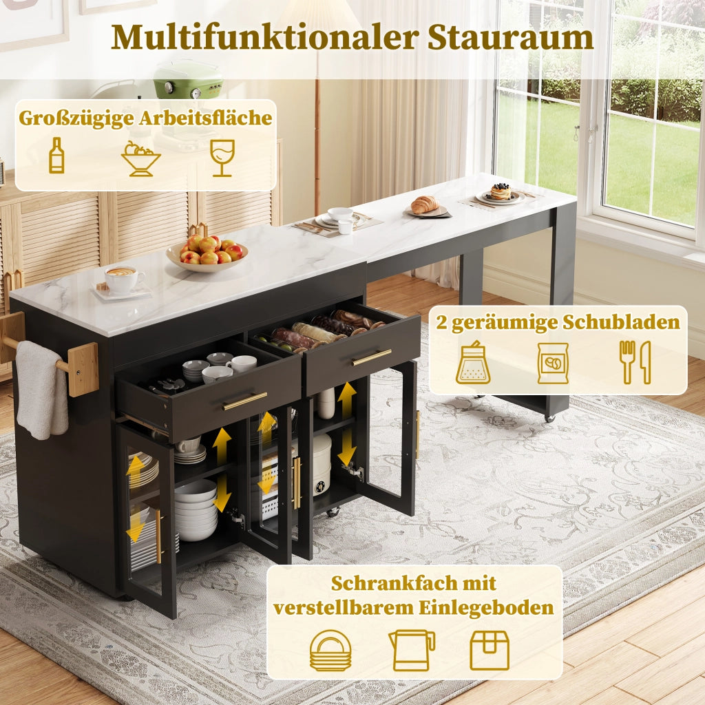Tavolo alto da cucina estraibile con mobili contenitore; ripiani regolabili; ruote e freni in MDF nero 132.5–217 × 50 × 93 cm
