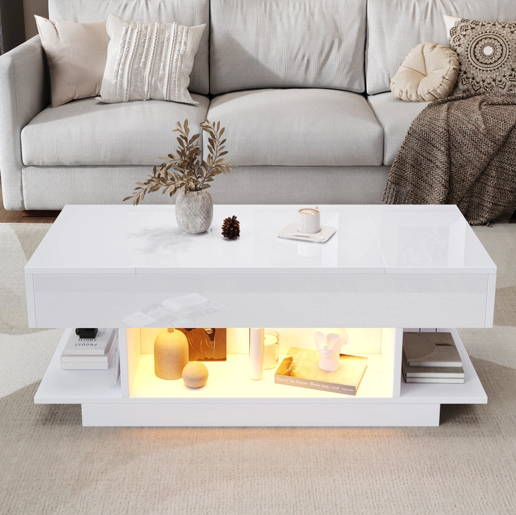 Tavolino da caffè con piano sollevabile e LED; 98 x 45 x 40 cm; truciolare bianco