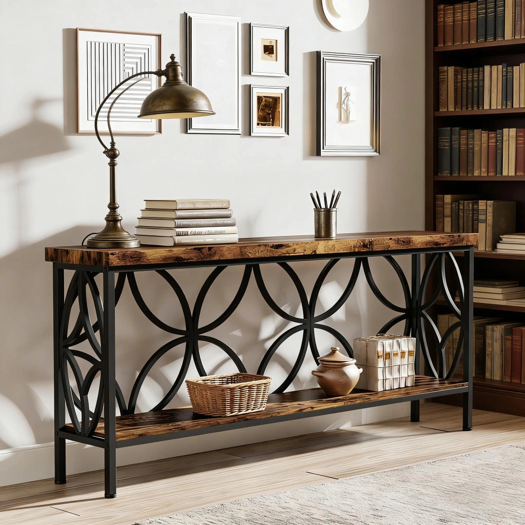 Consolle con ripiani aperti in pannelli di particelle e acciaio nero e marrone rustico 160 × 29.5 × 80 cm