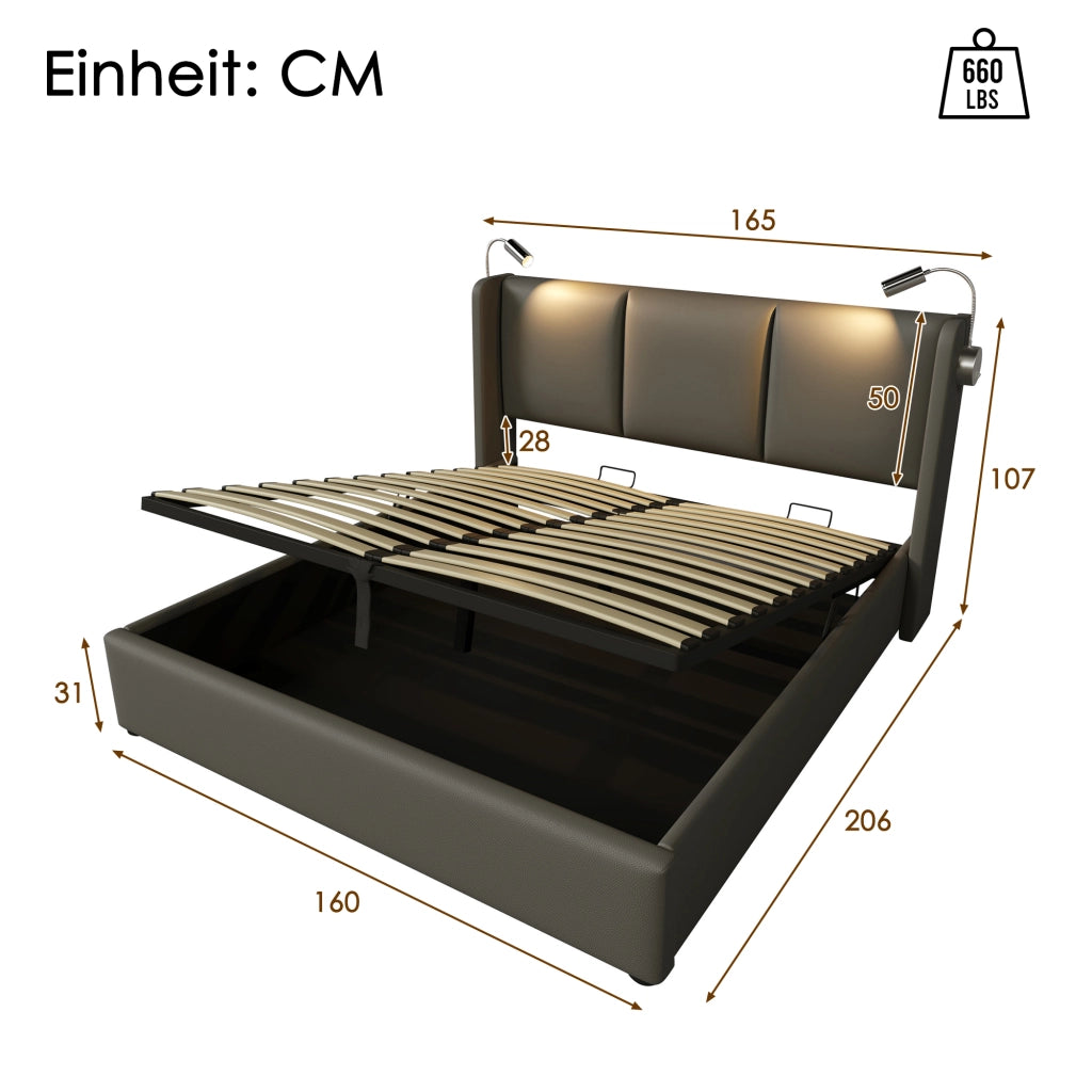 Letto Contenitore Imbottito con Luce LED e Ricarica ¨C MINIMAL ¨C 160x200, PU, Testiera