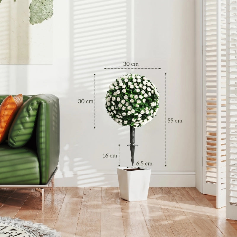 Albero artificiale di rose 2 pezzi con sfera da 30 cm e picchetto da terra in PE bianco resistente ai raggi UV