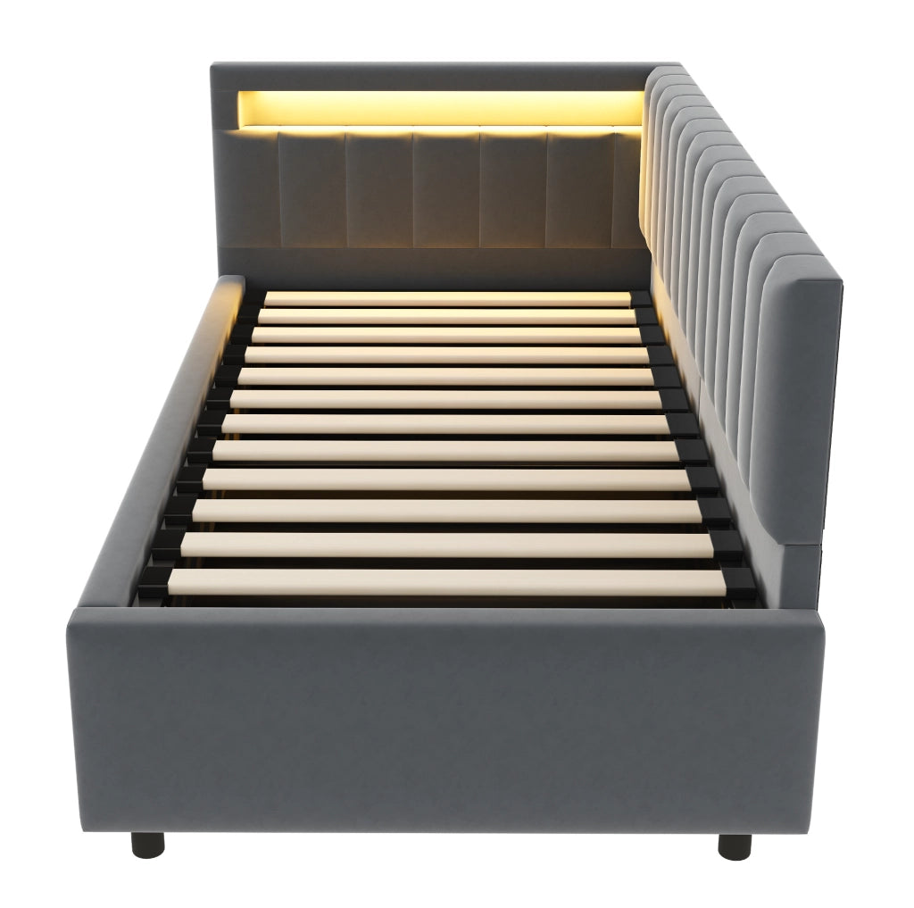 Letto divano imbottito 90x200 cm con illuminazione LED e vano contenitore idraulico, tessuto in velluto grigio, design classico a righe verticali