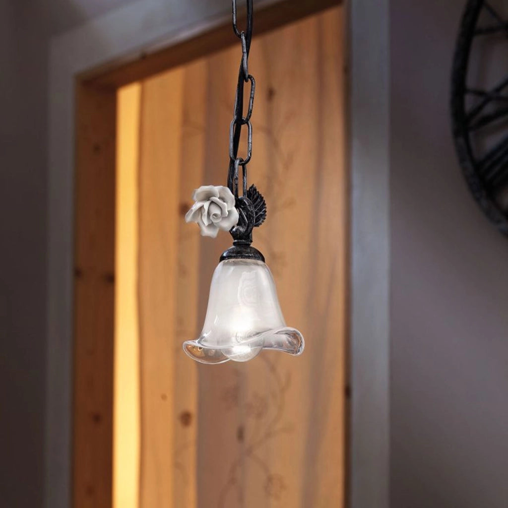 Lampadario Classico Siena Metallo E Ceramica Nero Sfumato Argento 1 Luce E14