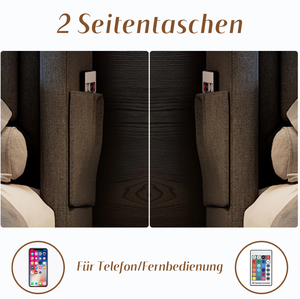 Letto matrimoniale 140x200 cm con contenitore idraulico; LED e prese USB-C; cotone-lino grigio