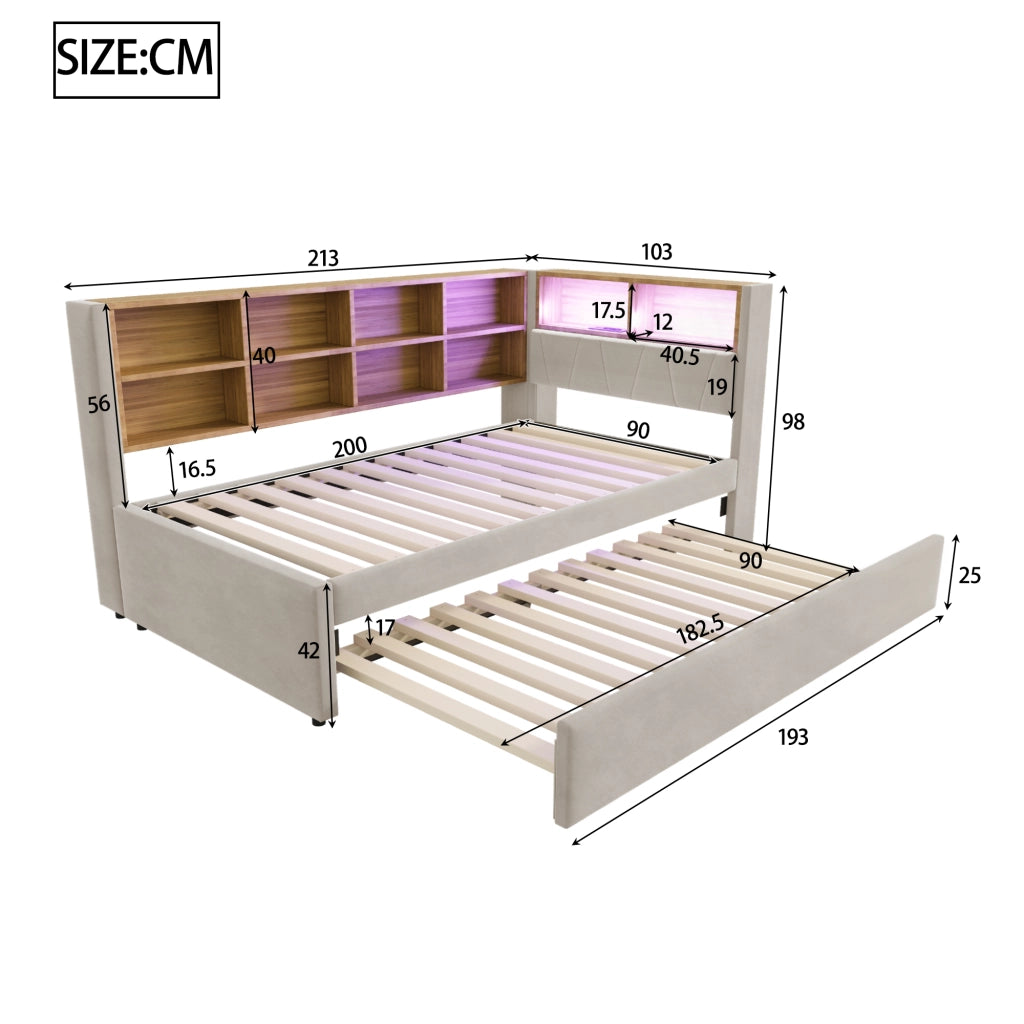 Letto con letto estraibile 90 × 200 cm con secondo letto 90 × 190 cm LED porte USB e prese grigio chiaro