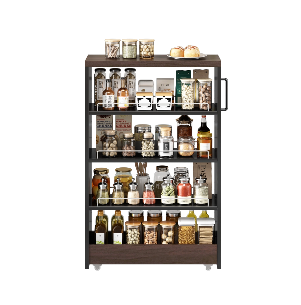 Carrello Slim con 4 Ripiani Regolabili, 20 cm di Larghezza, Nero con Piano Effetto Legno Marrone, 55x20x85 cm, per Cucina e Bagno