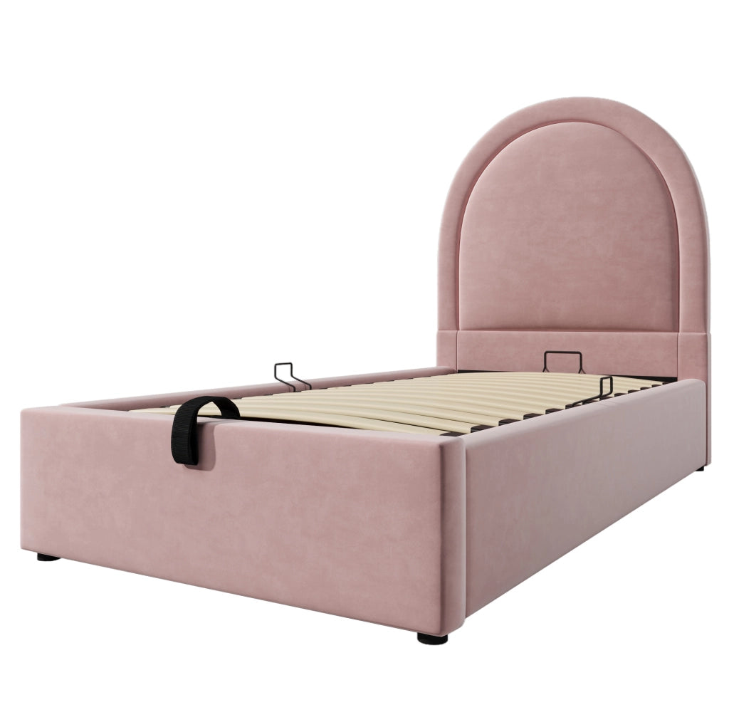 Letto singolo per bambini 90x200 in velluto rosa con contenitore， senza materasso