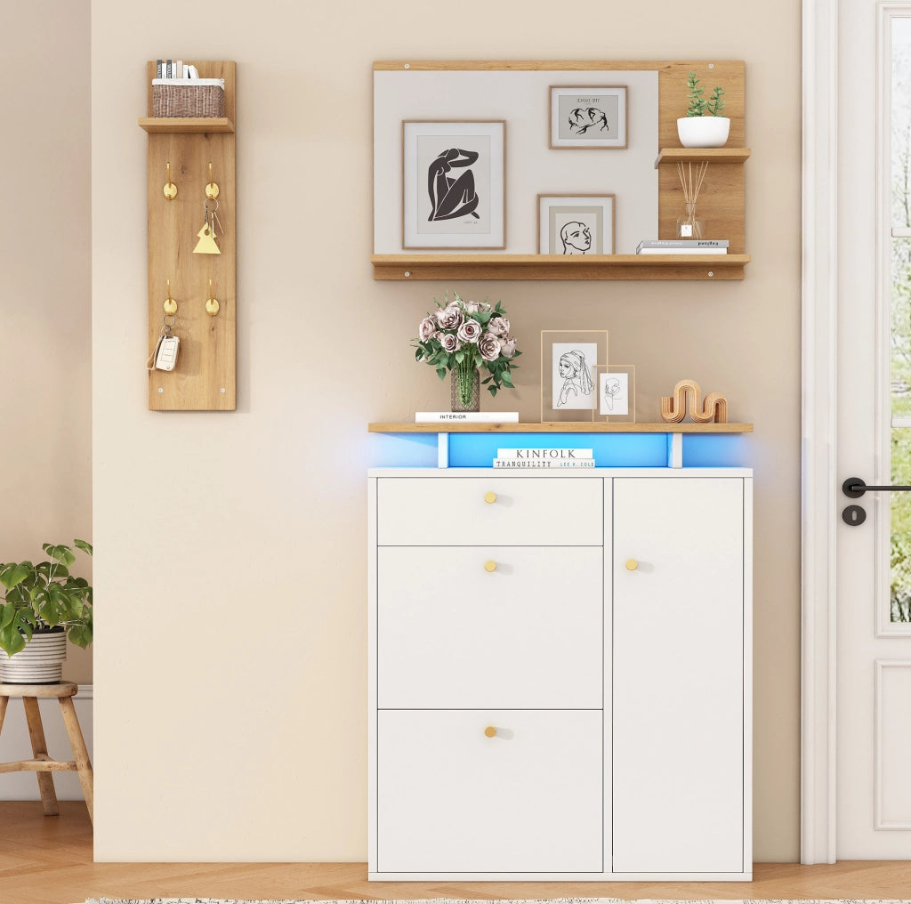 Set guardaroba da ingresso 3 pezzi con specchio, mensola cappelli e scarpiera con illuminazione LED, 4 ganci, bianco e naturale, 105x25x151,5 cm