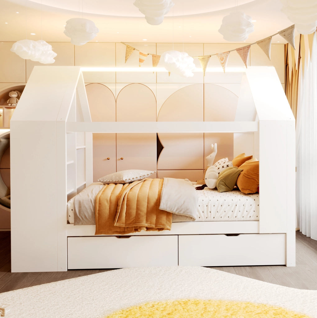 Letto a casetta per bambini 90x200 cm bianco con LED e cassetti
