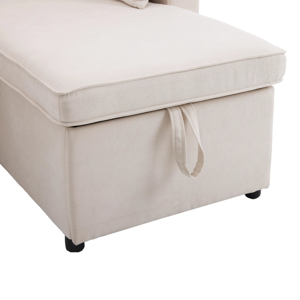 Divano letto 3 posti con chaise longue reversibile e contenitore in tessuto beige