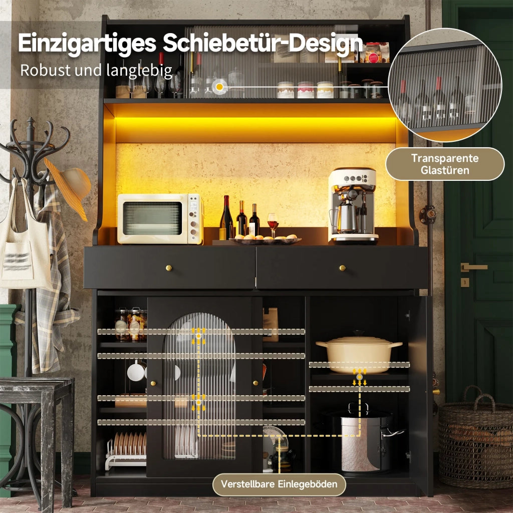 Credenza alta da cucina e sala da pranzo nera con ante a vetrina, 2 cassetti, ripiani regolabili e illuminazione LED a colori variabili