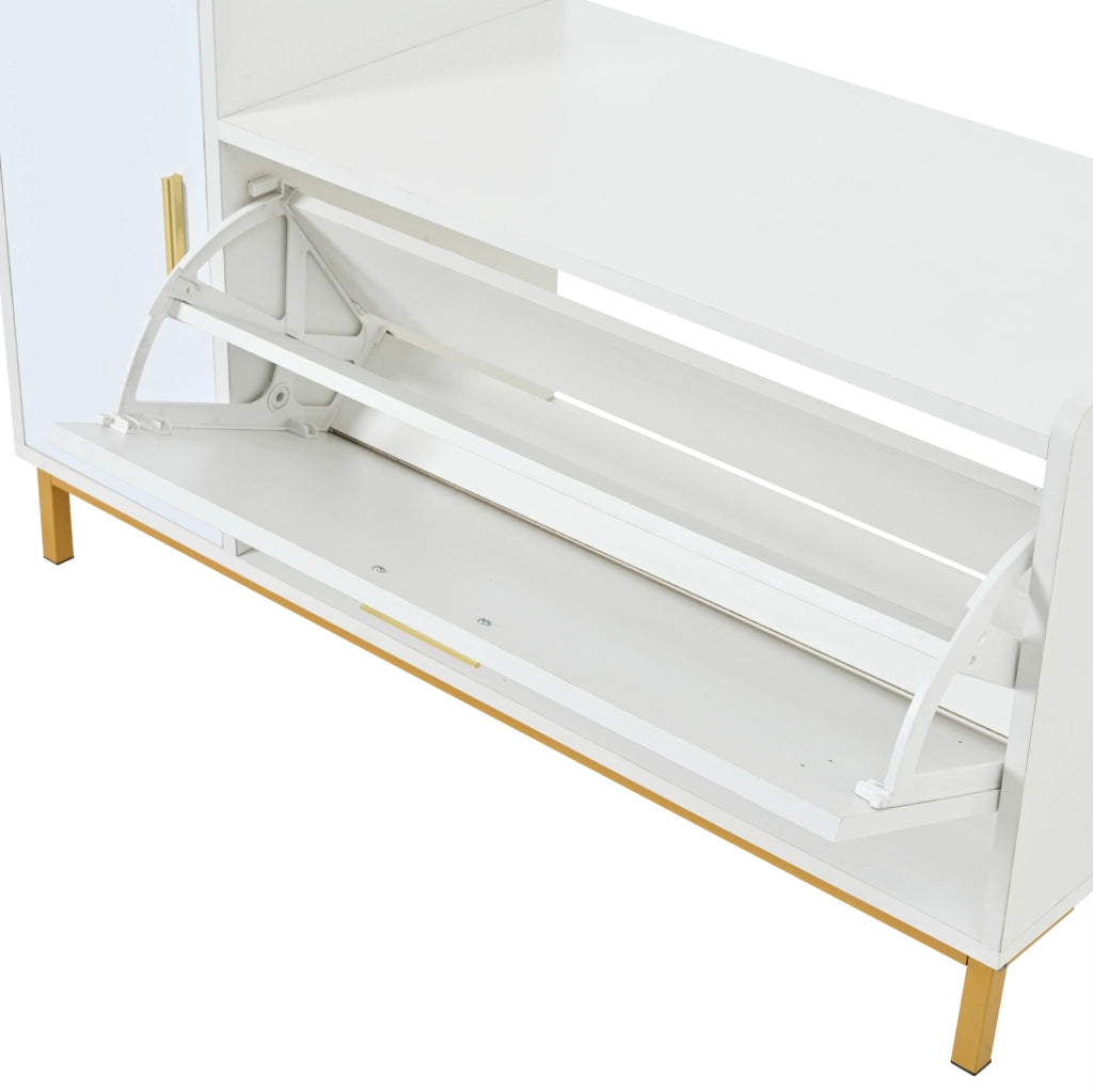 Scarpiera con panca 100x38x68 cm in pannelli truciolari bianco con dettagli oro, 2 ripiani, 1 armadietto, seduta imbottita e piedi in metallo
