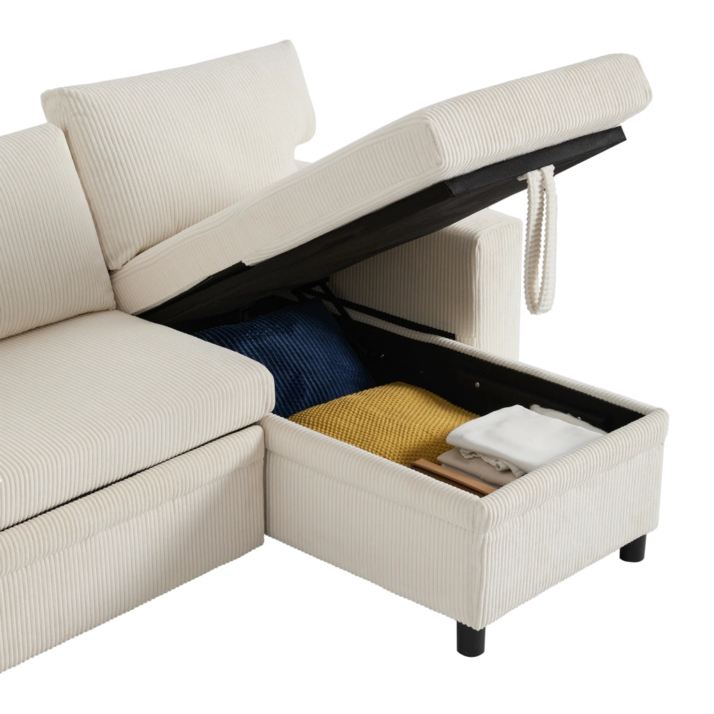 Divano letto angolare 3 posti in velluto a coste beige con contenitori; USB e USB-C e vani nei braccioli