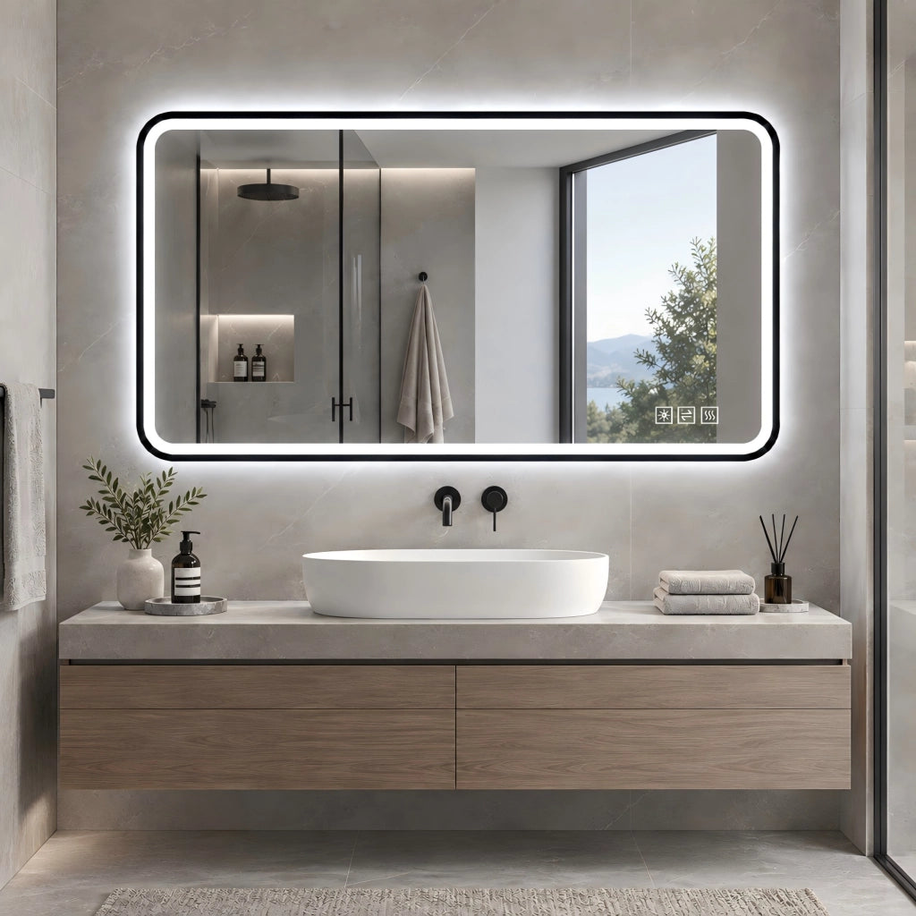 Specchio da bagno LED con cornice nera; luce frontale e posteriore; antiappannamento; dimmerabile; IP44