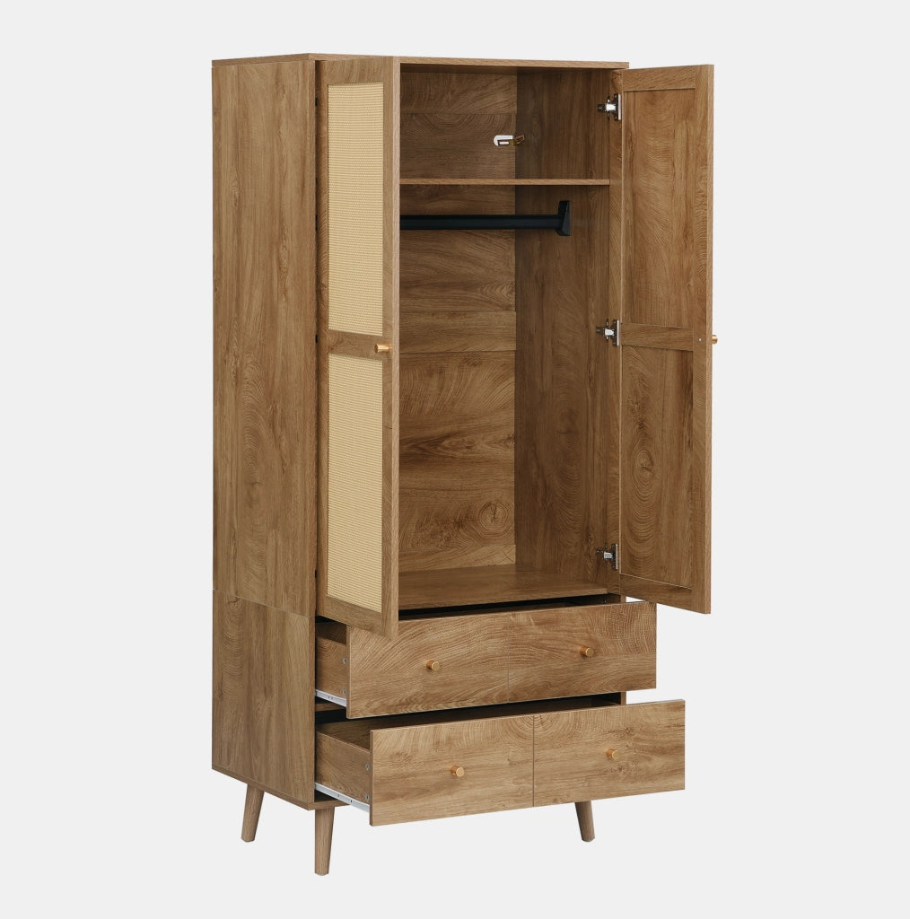 Armadio guardaroba in MDF con effetto legno scuro e ante in rattan, 80x50x180 cm, con appendiabiti, ripiani e 2 cassetti