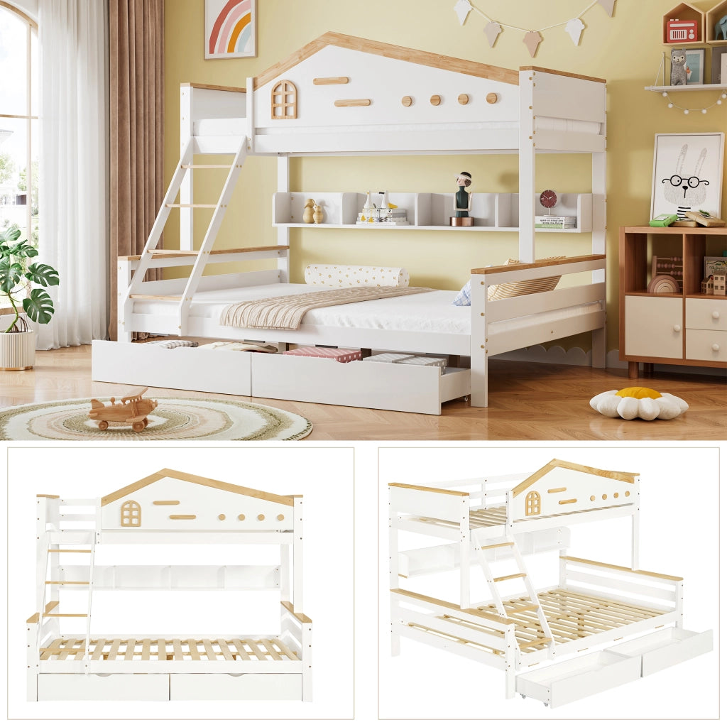 Letto a castello per bambini in pino e MDF bianco e naturale con due cassetti; finestrella e scaletta; 90x200 e 140x200 cm