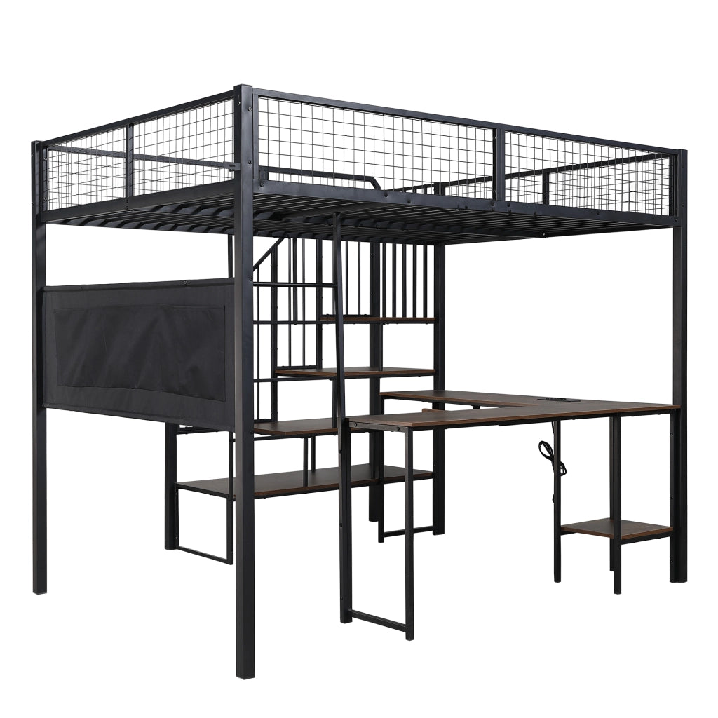 Letto a soppalco 140 × 200 cm 2 posti con scrivania angolare, porta di ricarica e tasca, senza materasso