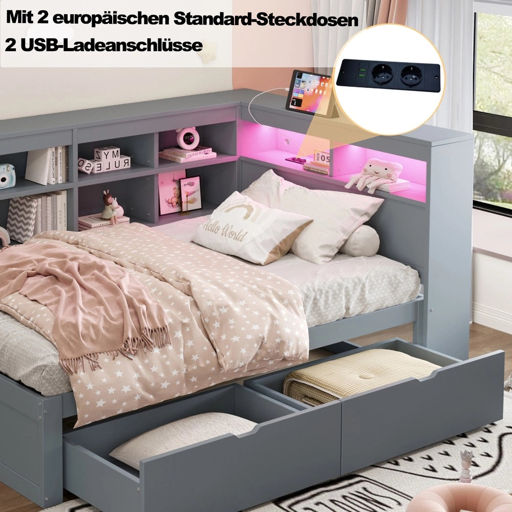 Letto Singolo in Legno Massello con Contenitore, LED e USB ¨C MINIMAL ¨C Grigio 90x200