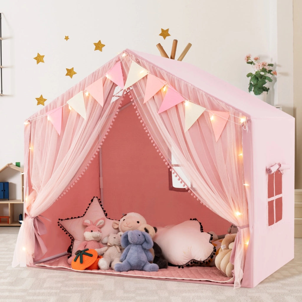 Tenda da gioco per bambini con tende in tessuto e rete luci a stella materassino in cotone, Grande casa da gioco Rosa