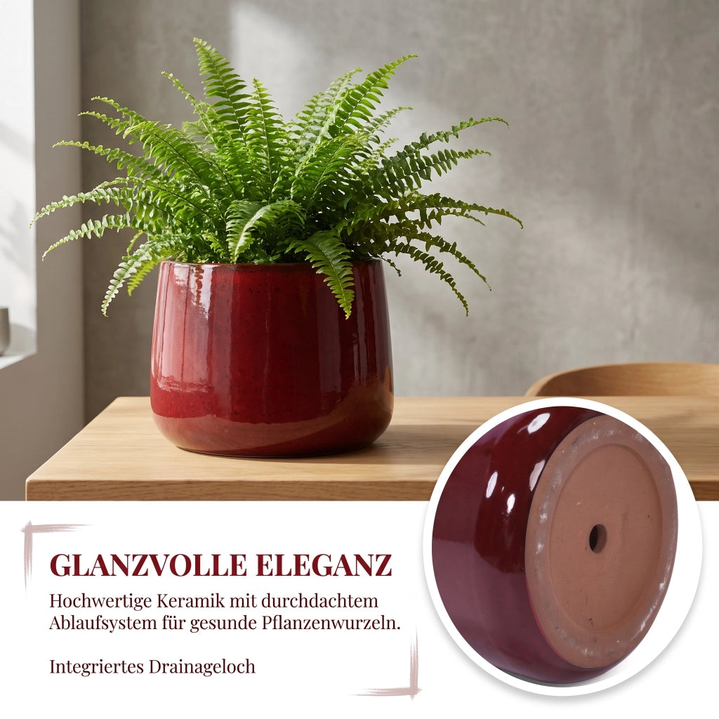 Vasi da fiori set di 4 in ceramica con foro di drenaggio smaltati rosso lucido per interno balcone e giardino