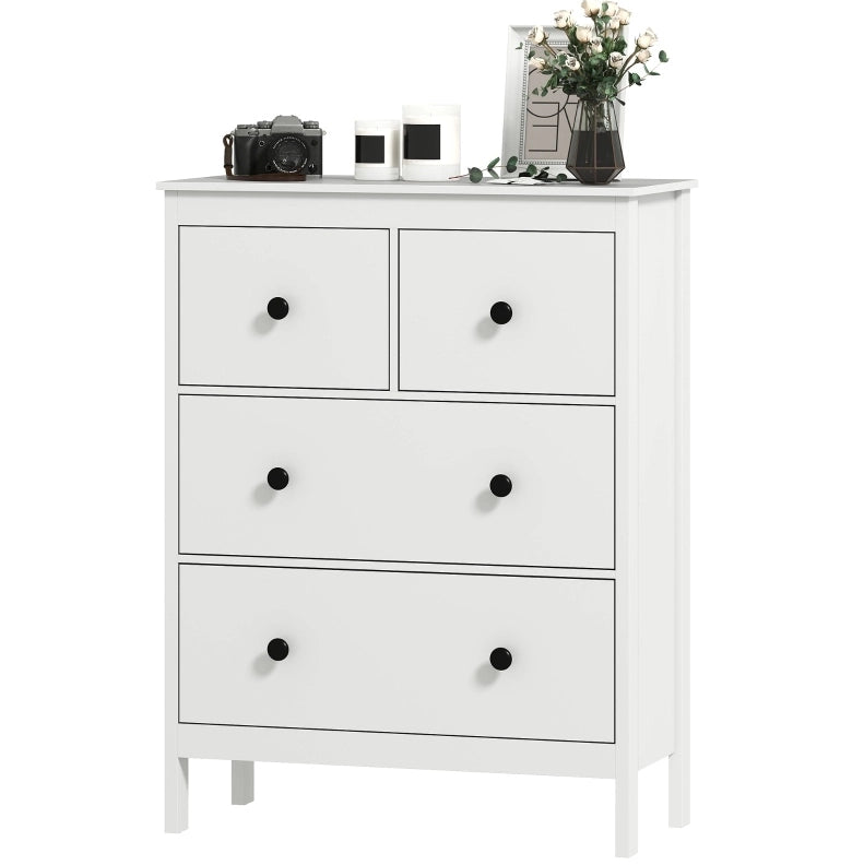 Cassettiera ULEVR 74x35x97 cm con 4 cassetti e guide a sfere, bianca con maniglie nere