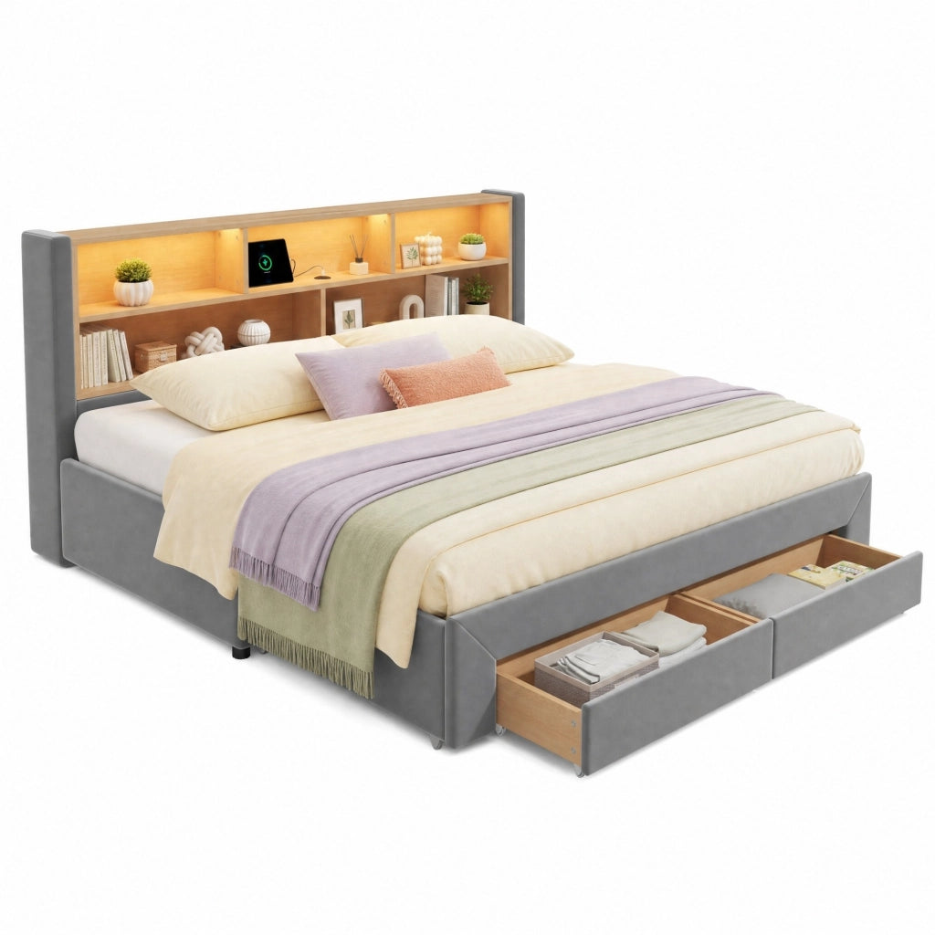Letto singolo estraibile 90x200 cm con 2 cassetti; LED e USB/Type-C in velluto grigio HOMVRA